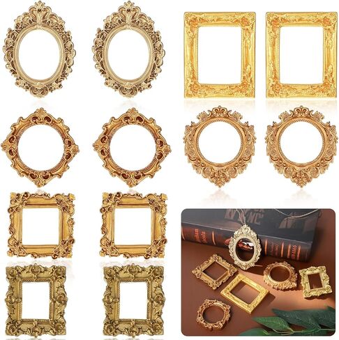 12PCS Mini Gold Picture Frames Vintage Small Antique Resin Picture Frames Oval Rectangle Wall Hanging Display Table Frame for DIY Jewelry Christmas Holiday Party Hotel Decor in Saudi Arabia