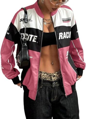 Chvity Womens Racing Jacket Color Block Letter Graphic Bomber Jackets Zip Up Lightweight Varsity Coats Y2k Outerwear in Saudi Arabia
