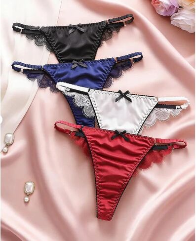 4-Pack Lace Bow Thong Panties, Sexy Seamless Lace Thongs for Women, Comfortable No Show Low Waist Underwear Set in Saudi Arabia