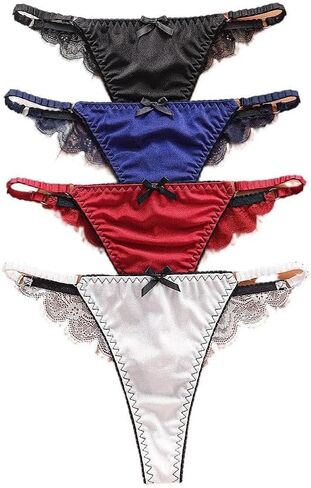 4-Pack Lace Bow Thong Panties, Sexy Seamless Lace Thongs for Women, Comfortable No Show Low Waist Underwear Set in Saudi Arabia
