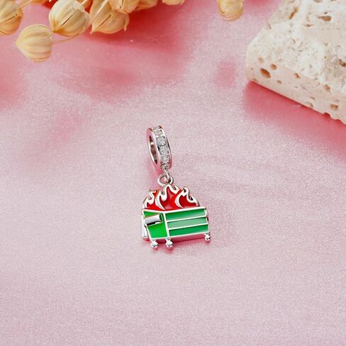 Dumpster Fire Charm 925 Sterling Silver Green Dumpster Red Flame Bead Fit Bracelets Funny Charm Gift in Saudi Arabia