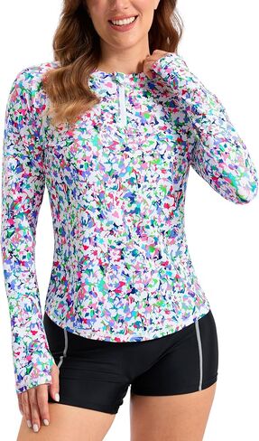 Viodia قميص السباحة النسائي UPF50+ Rash Guard طويل الأكمام ملابس السباحة أعلى قمصان الحماية من الشمس ثوب السباحة مع سحاب in Saudi Arabia