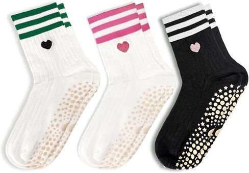 Womem's Yoga Socks 3 Pairs Set – Non Slip Grip Barre Pilates Socks with Striped Heart Design,US Size 5-9 in Kuwait