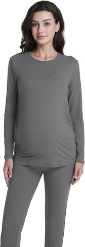 Womens Maternity Shirts Long Sleeve Crew Neck Pregnancy Tee Top Ruched Side Casual Mama Clothes in Saudi Arabia