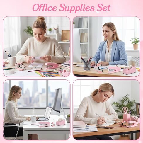 Pink Office Supplies Set, Desk Accessories for Women with Stapler, Tape Dispenser, Staple Remover, Staples, Clips, Scissor and Tabs, Gift for Students and Coworkers in Saudi Arabia