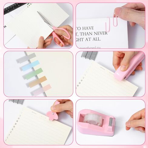 Pink Office Supplies Set, Desk Accessories for Women with Stapler, Tape Dispenser, Staple Remover, Staples, Clips, Scissor and Tabs, Gift for Students and Coworkers in Saudi Arabia