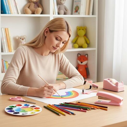 Pink Office Supplies Set, Desk Accessories for Women with Stapler, Tape Dispenser, Staple Remover, Staples, Clips, Scissor and Tabs, Gift for Students and Coworkers in Saudi Arabia