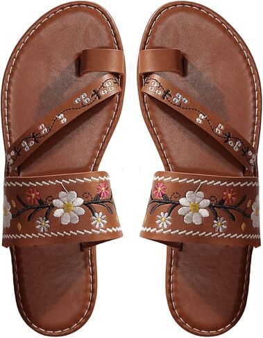 Women's Boho Floral Embroidered Toe Ring Flat Sandals Open Toe Slip On Flip Flop Sandals Summer Vacation Beach Shoes in Saudi Arabia