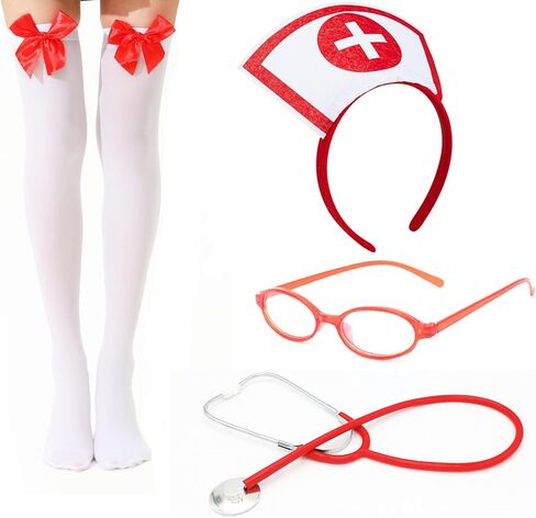 Nurse Costume Accessories Halloween Women Red Nurse Hat Headband Glasses Stethoscope High Sock for Halloween Cosplay Party Outfit in Saudi Arabia