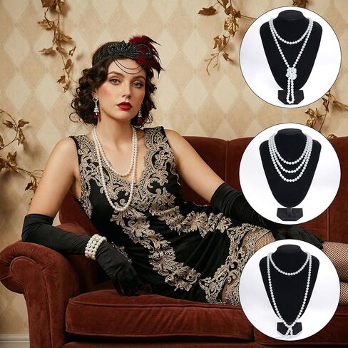 7 قطع من إكسسوارات فلابر 1920s للنساء، إكسسوارات جريت جاتسبي فلابر رورينغ 20s زي ريش فلابر عصابة رأس سوار من اللؤلؤ in Kuwait