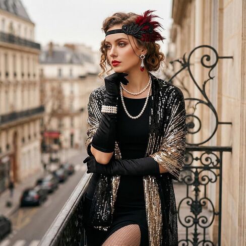 7 قطع من إكسسوارات فلابر 1920s للنساء، إكسسوارات جريت جاتسبي فلابر رورينغ 20s زي ريش فلابر عصابة رأس سوار من اللؤلؤ in Kuwait