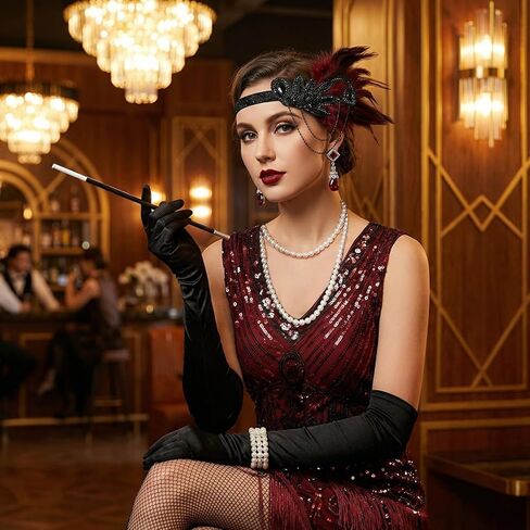 7 قطع من إكسسوارات فلابر 1920s للنساء، إكسسوارات جريت جاتسبي فلابر رورينغ 20s زي ريش فلابر عصابة رأس سوار من اللؤلؤ in Kuwait