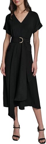 Karl Lagerfeld Women's Short Sleeve V-Neck Hanky Hem Belted Satin Midi Dress in Saudi Arabia