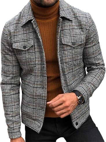Mens Slim Fit Lightweight Casual Wool Blend Plaid Jacket Lapel Single Breasted Long Sleeve with Button Flap Pockets in Saudi Arabia