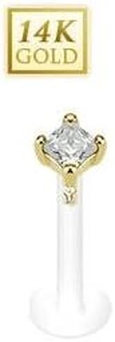 Body Accentz® 14 Karat Solid Yellow Gold Square Princess Cut CZ Prong Set Top Bio-Flex Shaft Labret Monroe 16g 5/16" 2mm in Saudi Arabia