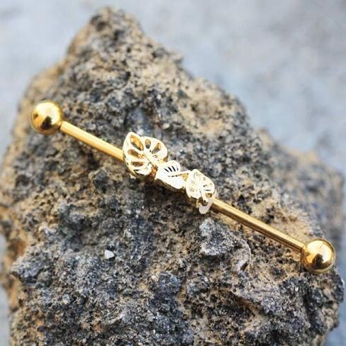 Pierced Owl Gold Plated Leaf Trio Industrial Barbell in Saudi Arabia