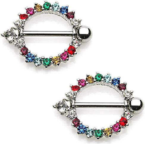 Pierced Owl 14GA Round Prong Set Rainbow CZs 316L Surgical Stainless Steel Barbell Nipple Ring Shields, Sold as a Pair in Saudi Arabia