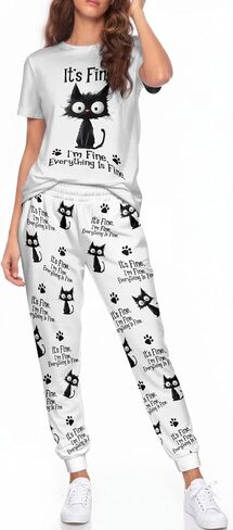 Women's Short-Sleeve Crewneck Pajama Set, 2-Piece Sleepwear Lounge Jogger Outfit for Her Winter 2025 in Saudi Arabia