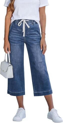 Denim Capris for Women Drawstring Solid Color Wide Legs Fashion Casual Comfort Capri with Pockets 2026 Beach in Saudi Arabia