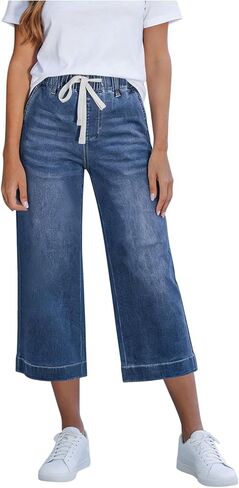 Denim Capris for Women Drawstring Solid Color Wide Legs Fashion Casual Comfort Capri with Pockets 2026 Beach in Saudi Arabia