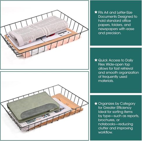 سلة ملفات سلكية لملحقات المكتب - منظم إطار مفتوح مدبب كبير جدًا مقاس A4 وحجم الحروف والمجلات والمجلدات - صينية سطح مكتب حديدية سوداء لامعة للمكتب والمدرسة والمنزل in Kuwait