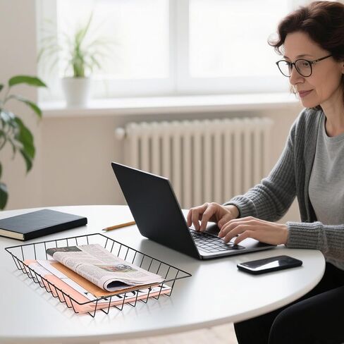 سلة ملفات سلكية لملحقات المكتب - منظم إطار مفتوح مدبب كبير جدًا مقاس A4 وحجم الحروف والمجلات والمجلدات - صينية سطح مكتب حديدية سوداء لامعة للمكتب والمدرسة والمنزل in Kuwait