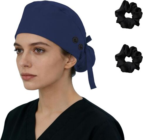 1 قطعة قبعة فرك مبطنة بالساتان للنساء، قبعات ممرضة جراحية مع 4 أزرار قبعة عمل قطنية قبعات فرك ذيل حصان in Kuwait