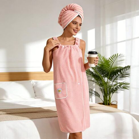 Women's Robes,Pink Robes for Women,Wearable Bath Towel Coral Soft Fleece Bathtub with Pocket Shower Dress and 1Coral Fleece Towel in Saudi Arabia