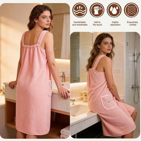 Women's Robes,Pink Robes for Women,Wearable Bath Towel Coral Soft Fleece Bathtub with Pocket Shower Dress and 1Coral Fleece Towel in Saudi Arabia