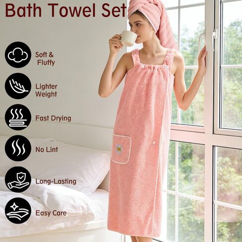 Women's Robes,Pink Robes for Women,Wearable Bath Towel Coral Soft Fleece Bathtub with Pocket Shower Dress and 1Coral Fleece Towel in Saudi Arabia