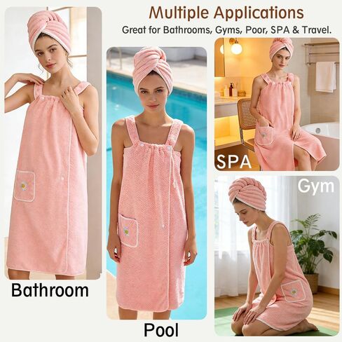 Women's Robes,Pink Robes for Women,Wearable Bath Towel Coral Soft Fleece Bathtub with Pocket Shower Dress and 1Coral Fleece Towel in Saudi Arabia