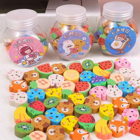 50Pcs/Bottle Multicolor Mini Rubber Cartoon Animal Fruit Pencil Erasers for Women Men, Cute Erasers Caps for Pencil, Party Gifts for Friends Random Style (5.5x5.3cm) in Saudi Arabia