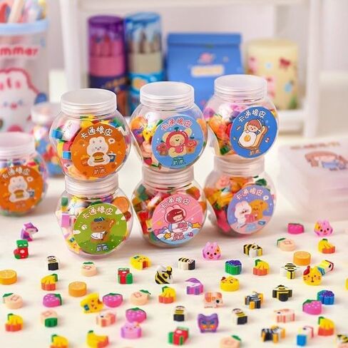 50Pcs/Bottle Multicolor Mini Rubber Cartoon Animal Fruit Pencil Erasers for Women Men, Cute Erasers Caps for Pencil, Party Gifts for Friends Random Style (5.5x5.3cm) in Saudi Arabia