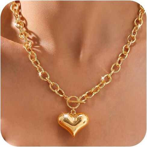 Gold Heart Necklace for Women – Chunky 14K Gold Plated Heart Pendant Necklace with Toggle Clasp, Oval Link Chain, Trendy Dainty Non Tarnish Love Jewelry Gift in Saudi Arabia