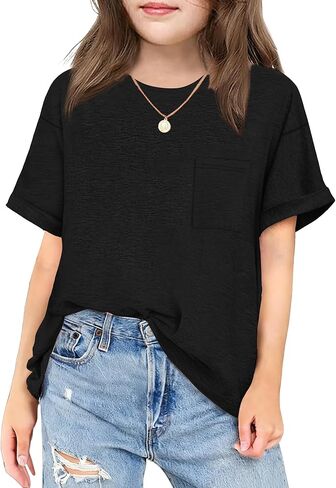 Arshiner Girls Oversized T Shirts with Pocket Short Sleeve Basic Crewneck Summer Casual Loose Tops Clothes 5-14 Years in Saudi Arabia