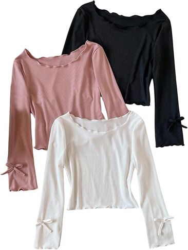 Girl's 3 Pack Set Coquette Bowknot Lettuce Trim Tops Crew Neck Long Sleeve T Shirts in Saudi Arabia