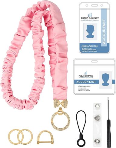 حبل سكرانشي لحامل شارة الهوية، حبل لطيف للمعلم للنساء مع بطاقتين حامل شارة شفاف (أزهار وردية) in Kuwait