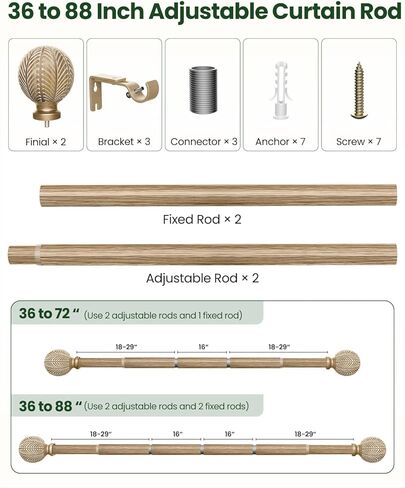 قضبان ستارة خشبية بوهو للنوافذ من 48 إلى 84 بوصة، قضيب ستارة ريفي قابل للتعديل مقاس 1 بوصة مع تشطيبات من الحبوب الخشبية المقلدة، قضبان ستائر مزخرفة شديدة التحمل للمزرعة، 36-88 بوصة، خشب مقاوم للطقس in Kuwait