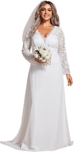 Ever-Pretty Plus Women's V Neck Long Sleeve Lace Chiffon A Line Floor Length Plus Size Wedding Dress 01925-DA in Saudi Arabia