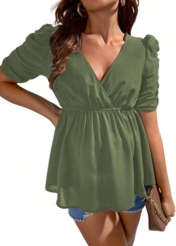 Women's Maternity Wrap V Neck Short Puff Sleeve Ruffled Solid Peplum Blouse Top in Saudi Arabia