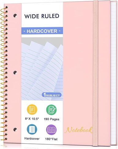 Spiral Notebook Wide Ruled Paper 8" x 10 1/2", 1 Subject Spiral Notebook, 3-Hole Punched Perforated Pages Ideal for School, Office, Writing, 95 Sheets Lined Journaling Notebook, Black in Kuwait