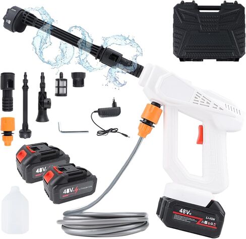 مسدس رش غسيل السيارات 48 فولت، مسدس مياه عالي الضغط مكون من 5 أقسام، مجموعة أدوات مسدس تنظيف السيارة الكهربائية المزدوجة مع فوهة 6 في 1، خرطوم 5 أمتار، محول أنابيب المياه، شاشة فلتر، غلاية رغوية in Kuwait