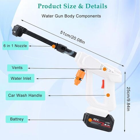مسدس رش غسيل السيارات 48 فولت، مسدس مياه عالي الضغط مكون من 5 أقسام، مجموعة أدوات مسدس تنظيف السيارة الكهربائية المزدوجة مع فوهة 6 في 1، خرطوم 5 أمتار، محول أنابيب المياه، شاشة فلتر، غلاية رغوية in Kuwait
