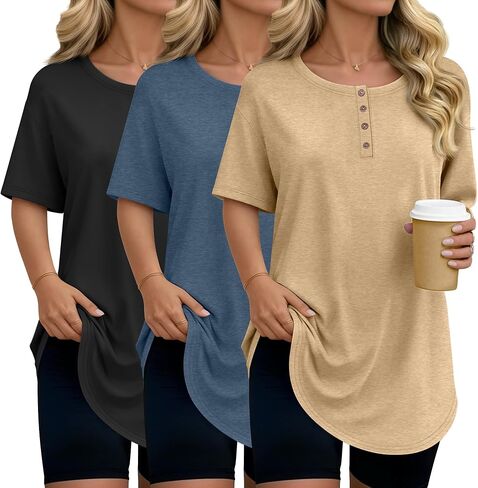 3 عبوات من قمصان Henley النسائية بحاشية منحنية ورقبة دائرية وأكمام قصيرة وزر بلوزة صيفية غير رسمية فضفاضة in Saudi Arabia