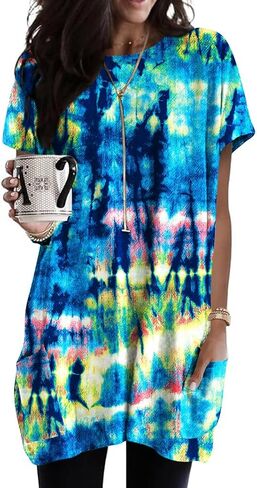 Naggoo Womens Short Sleeve Tunic Tops for Leggings Summer Casual Long Shirt with Pockets Floral Print T-Shirts in Saudi Arabia