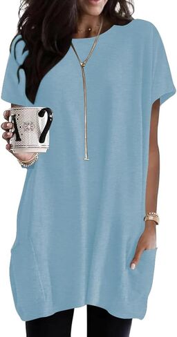 Naggoo Womens Short Sleeve Tunic Tops for Leggings Summer Casual Long Shirt with Pockets Floral Print T-Shirts in Saudi Arabia