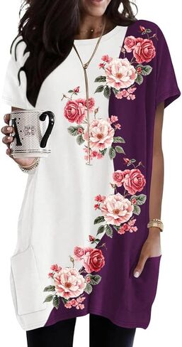 Naggoo Womens Short Sleeve Tunic Tops for Leggings Summer Casual Long Shirt with Pockets Floral Print T-Shirts in Saudi Arabia
