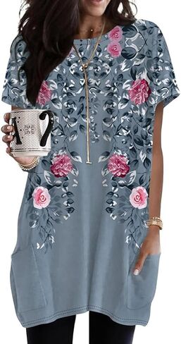 Naggoo Womens Short Sleeve Tunic Tops for Leggings Summer Casual Long Shirt with Pockets Floral Print T-Shirts in Saudi Arabia