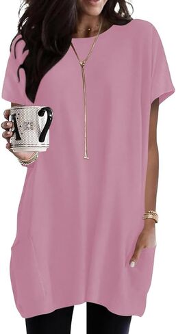 Naggoo Womens Short Sleeve Tunic Tops for Leggings Summer Casual Long Shirt with Pockets Floral Print T-Shirts in Saudi Arabia