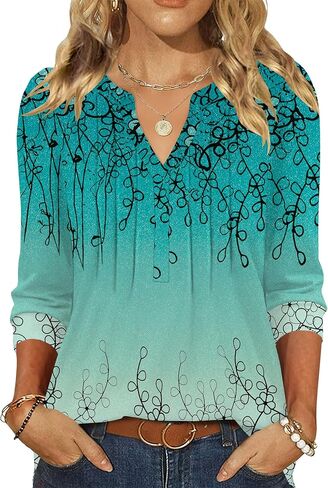LOMON 3/4 Length Sleeve Womens Tops Pleated Puff Sleeve V Neck Work Blouses for Women Dressy Casual Spring Summer Clothes in Saudi Arabia